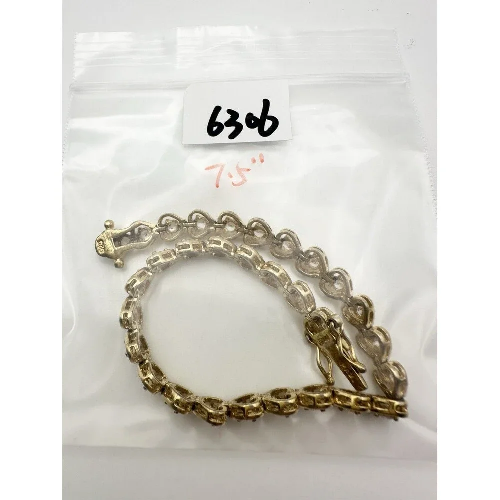 925 Sterling Silver Gold Vermeil Round C Z Heart Tennis Bracelet 7.5”
